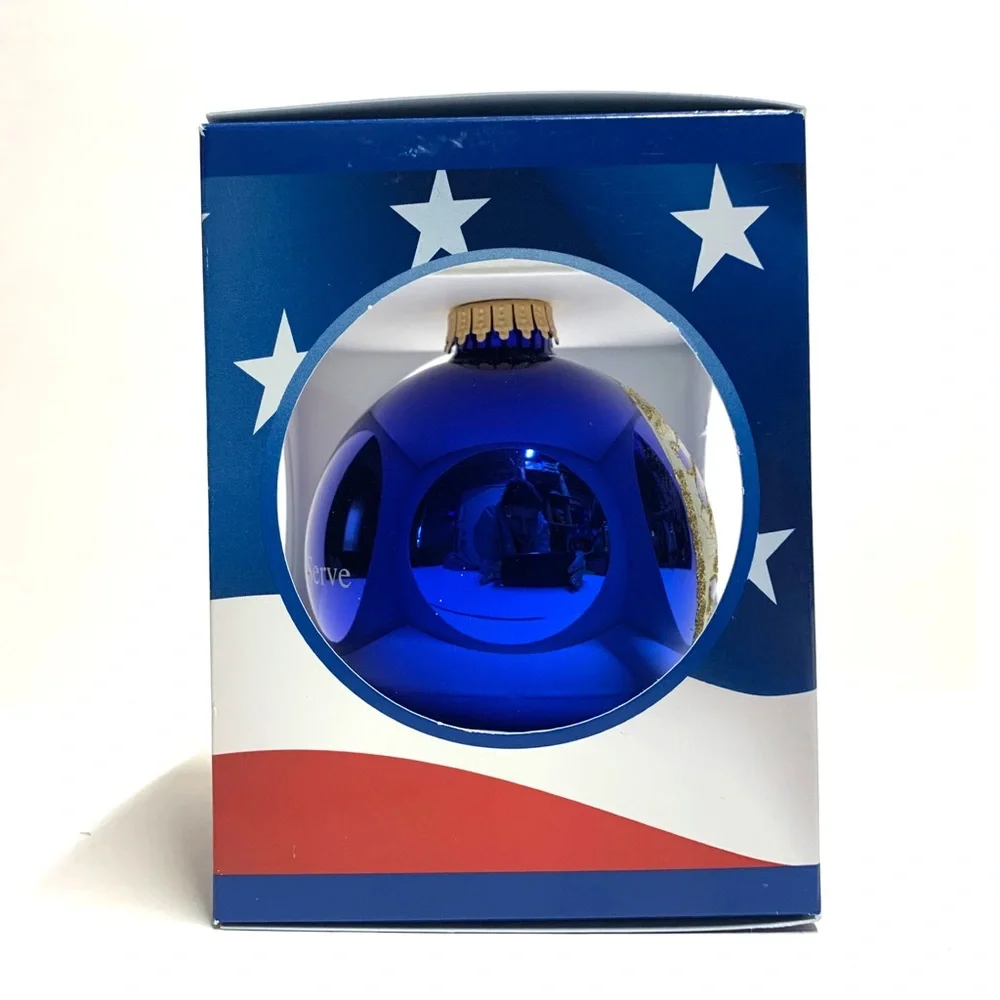 Police Badge Christmas Ornament Protect & Serve Blue Glass Patriotic NIB